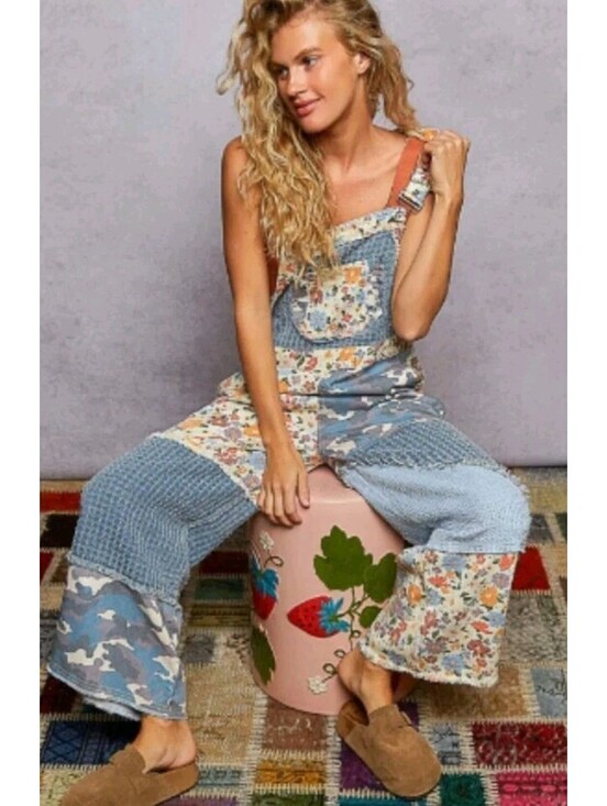 POL Pants - POL NWT Wide-Leg Patchwork Camo Floral Denim Overalls Size Medium